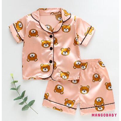 ♬MG♪-Children Cartoon Bear Two-piece Pajamas Girls Short Sleeve Lapel Top with Button Elastic Waistband Shorts Set