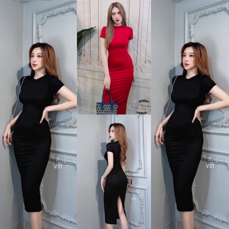 Đầm body xẻ tà chất liệu borip co giãn tốt