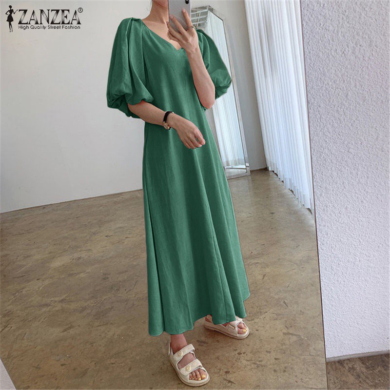 Đầm nữ ZANZEA dài cổ chữ V tay phồng màu trơn thiết kế dây buộc sau lưng thanh lịch