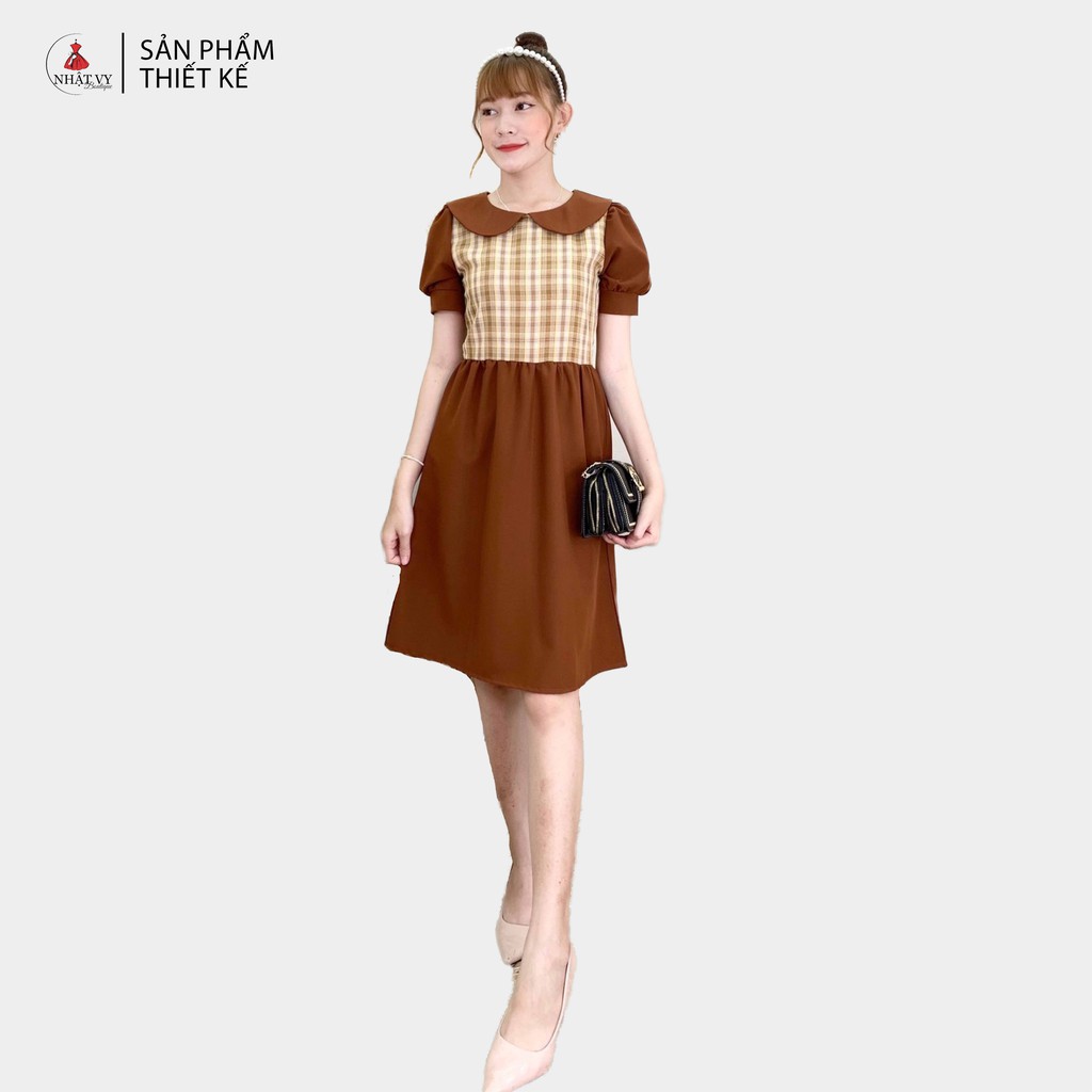 Đầm Nữ NHẬT VY Caro Tay Phồng Chất Cotton Lạnh Công Sở Màu Vàng, Nâu - D1901
