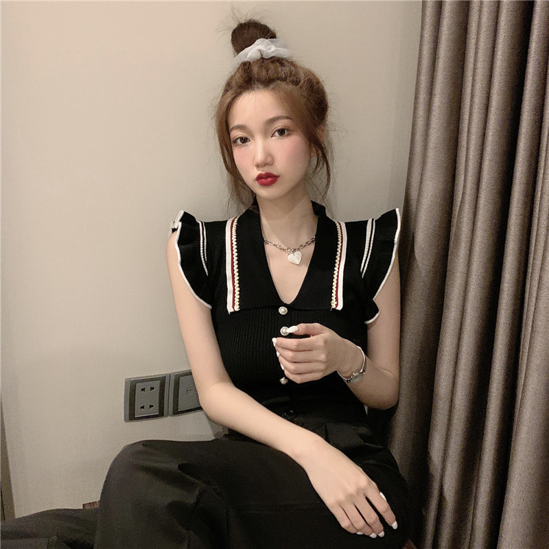 Áo dệt kim cổ bẻ tay cánh tiên phong cách Hàn Quốc dành cho nữ