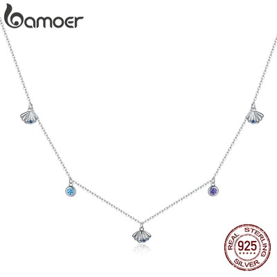 Vòng cổ vỏ sò bạc Bamoer Bạc 925 Xanh CZ Vòng cổ tình yêu Quà tặng cho cô gái Tuyên bố SCN454