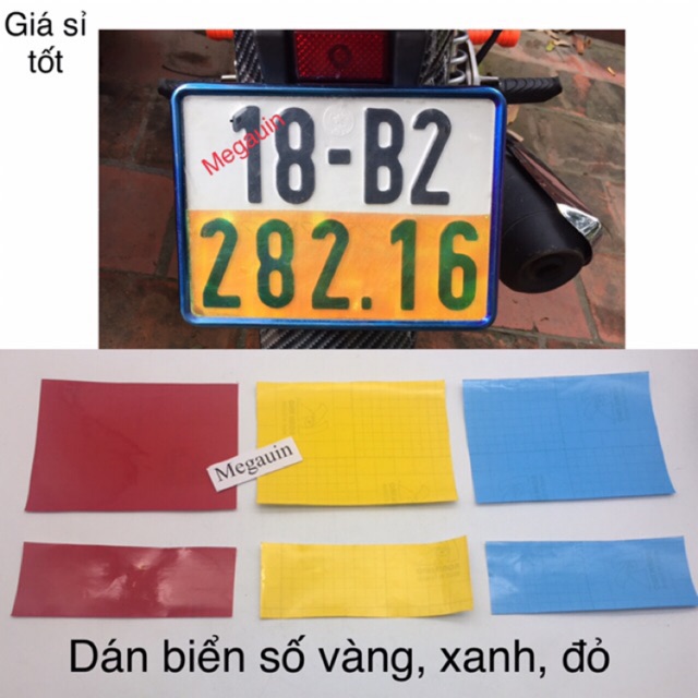 Đề can (decal) vàng, xanh, đỏ dán biển số xe máy