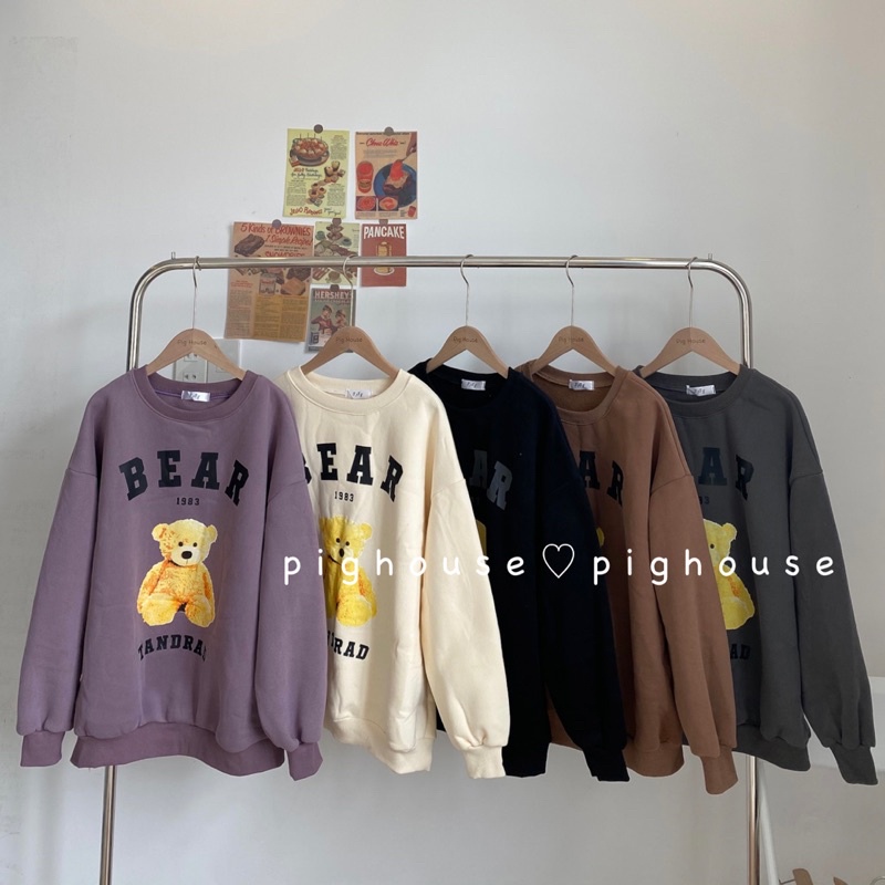 Áo Sweater nỉ bông hình gấu cổ tròn form rộng chất dày ( Ảnh thật )