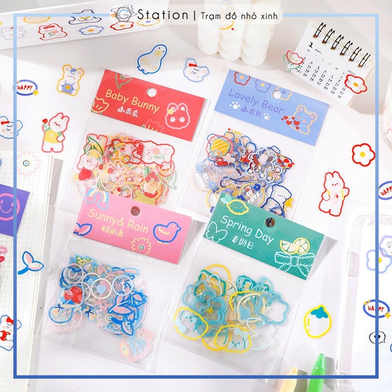Combo 45 sticker dán trang trí sổ tay/ album đủ hình gấu/ thú/ thời tiết - VP067