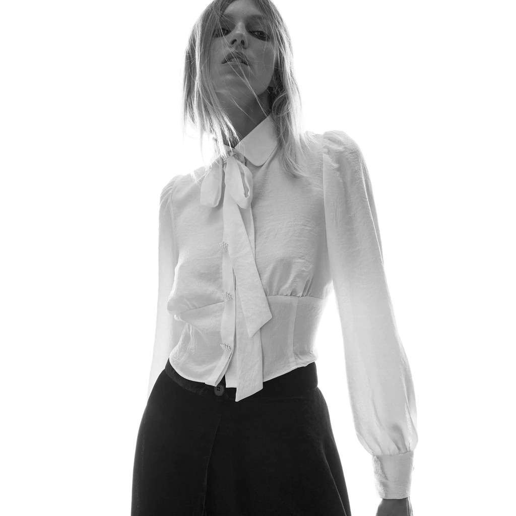 Áo sơ mi Zara cao cổ vải lụa thái (SHIRT WITH BOW)