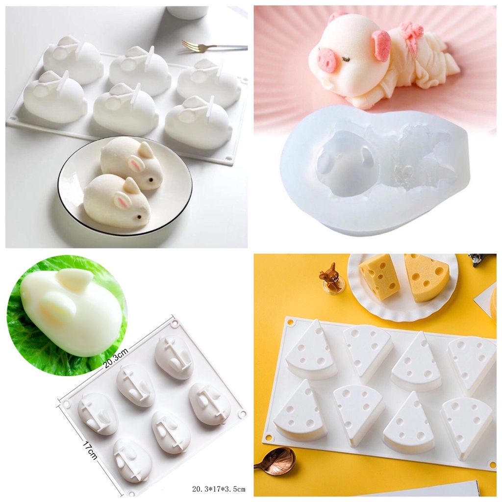 Khuôn silicon 3D set 8 miếng hình thỏ , phô mai , làm thạch , pudding , bánh cho bé