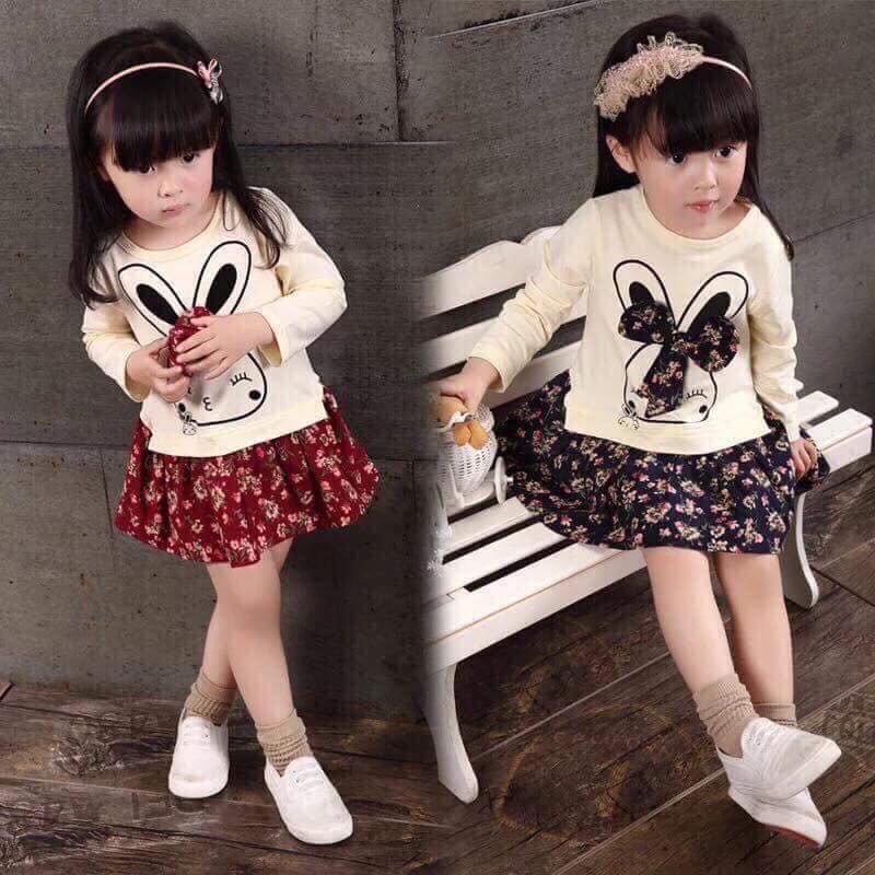 Váy thu đông dài tay họa tiết thỏ hoa cực xinh cho bé gái - Vải Quảng Châu siêu xịn