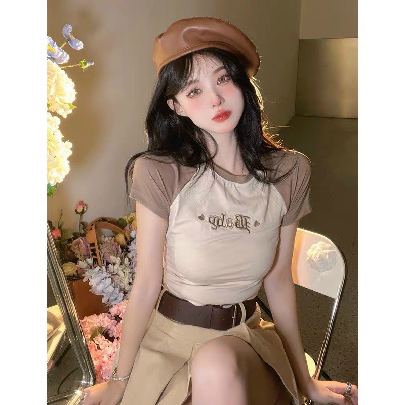 Áo Thun Croptop Raplan Tay Ngắn Hoạ Tiết Thêu Chữ Baby