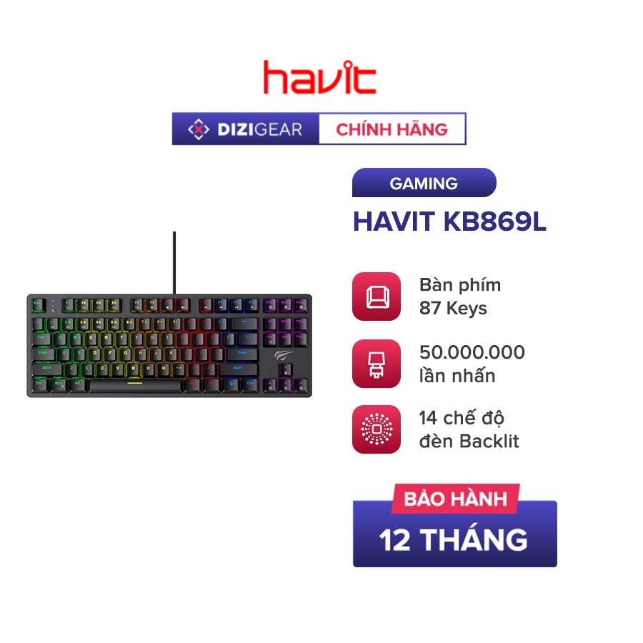 Bàn Phím Cơ Gaming HAVIT KB869L, 87 Phím, 14 Chế Độ Led Backlit Rainbow - Chính Hãng BH 12 Tháng Dizigear