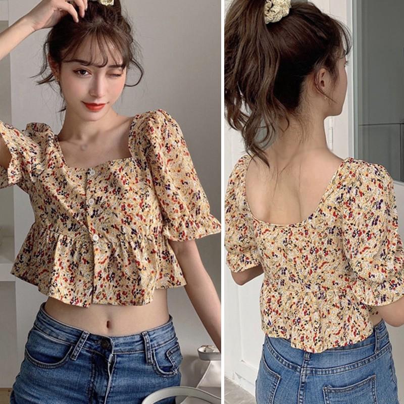 Áo Kiểu Chiffon Cổ Vuông In Họa Tiết Hoa Xinh Xắn Phong Cách Hàn Quốc