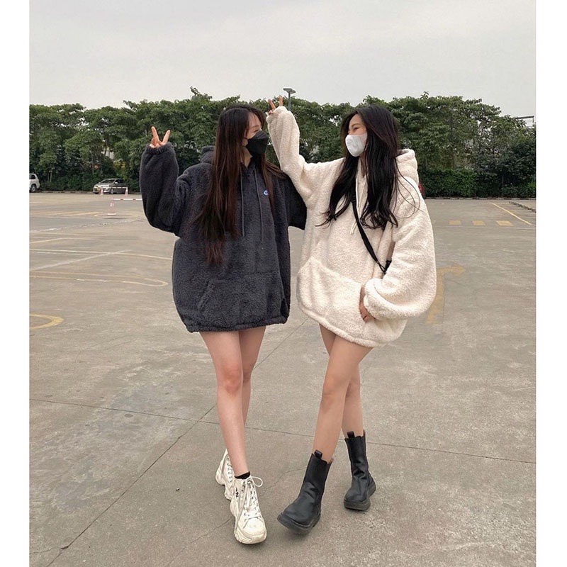 (Ảnh thật) Áo hoodie lông cừu thêu logo nhỏ có mũ Free size