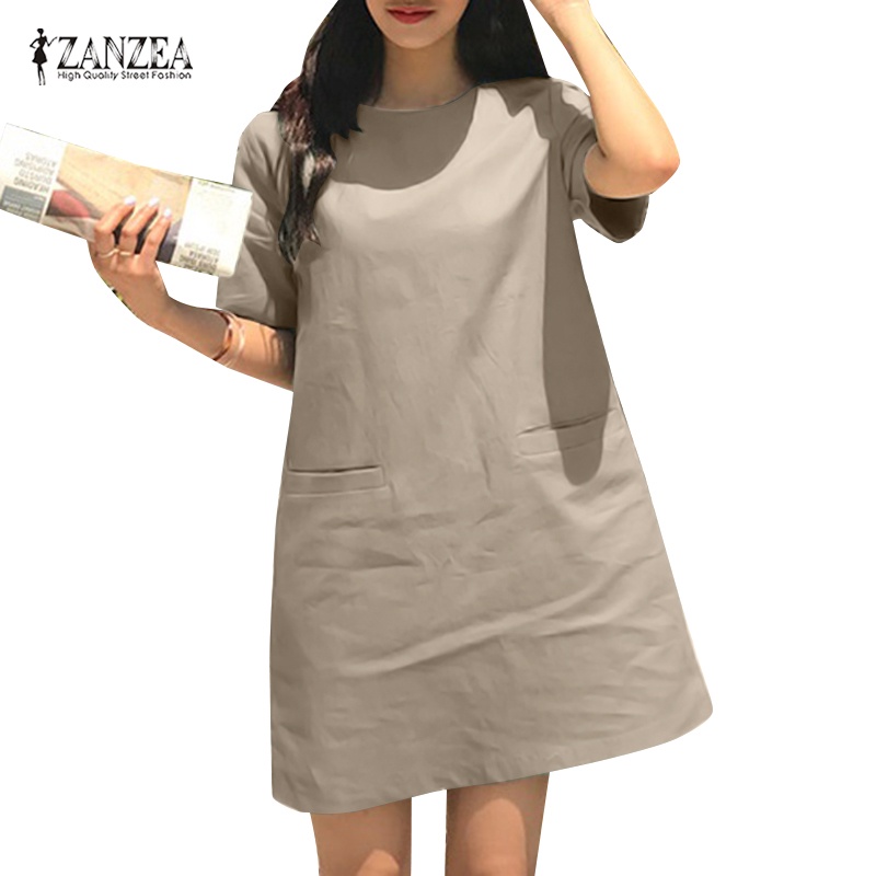Đầm mini ZANZEA bằng cotton ngắn tay màu trơn có túi phong cách Hàn Quốc thời trang cho nữ