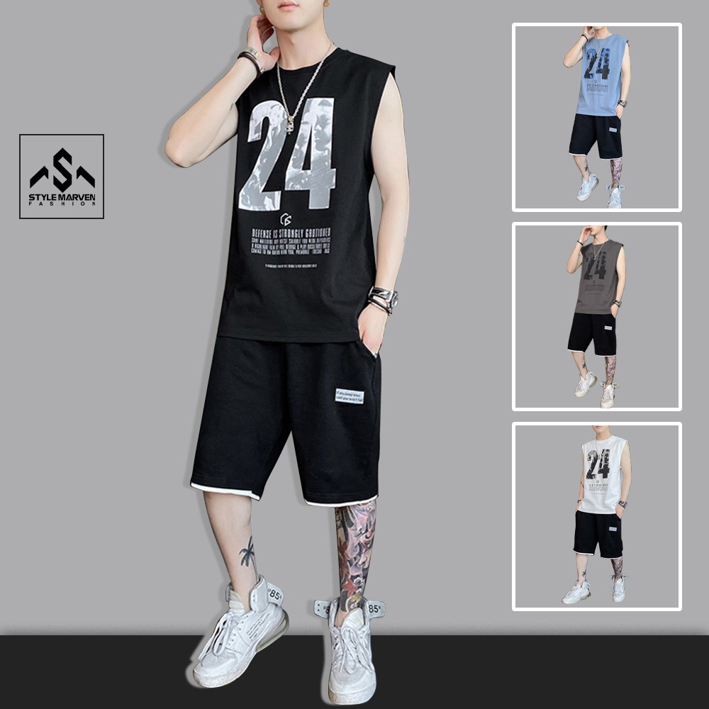 Bộ quần áo thun nam STYLE MARVEN áo ba lỗ sát nách 24 mix quần short túi hot trend thời trang - SET NAM 90000160C