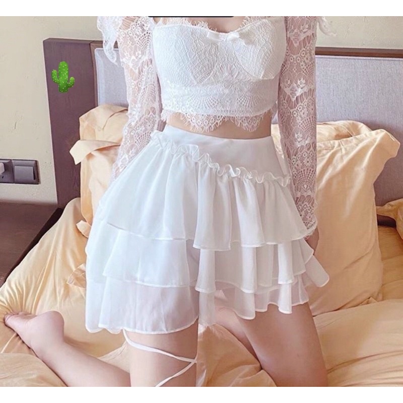 Chân váy ulzzang tầng voan kèm dây quấn pc