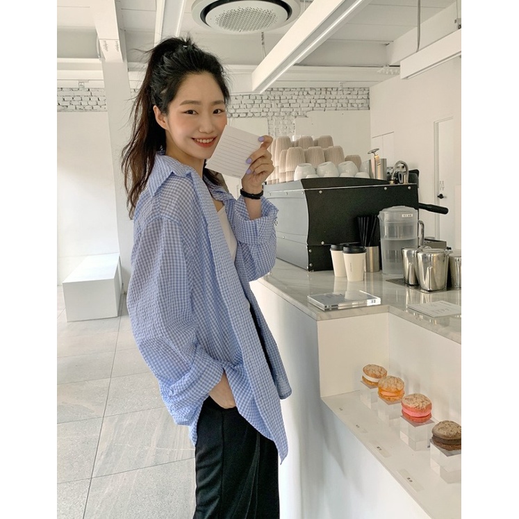 Áo sơ mi XIAOZHAINV cho nữ dáng rộng họa tiết caro phong cách Hàn Quốc