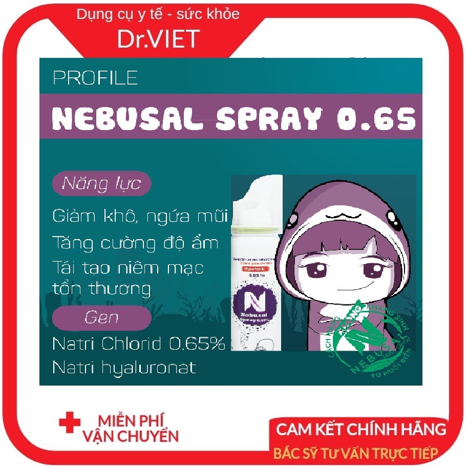 Nebusal spray 0,65%_ Dung dịch nước muối biển xịt mũi làm sạch, giảm nghẹt, giảm sưng, giữ ẩm mũi người lớn và trẻ em