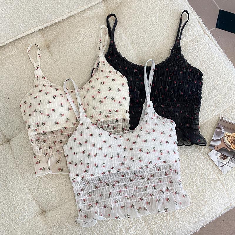 Áo Bra 2 Dây Nhún Hoa Nhí Bo Chun - Áo Thun Croptop Tiểu Thư Đáng Yêu AMYBRA B8421