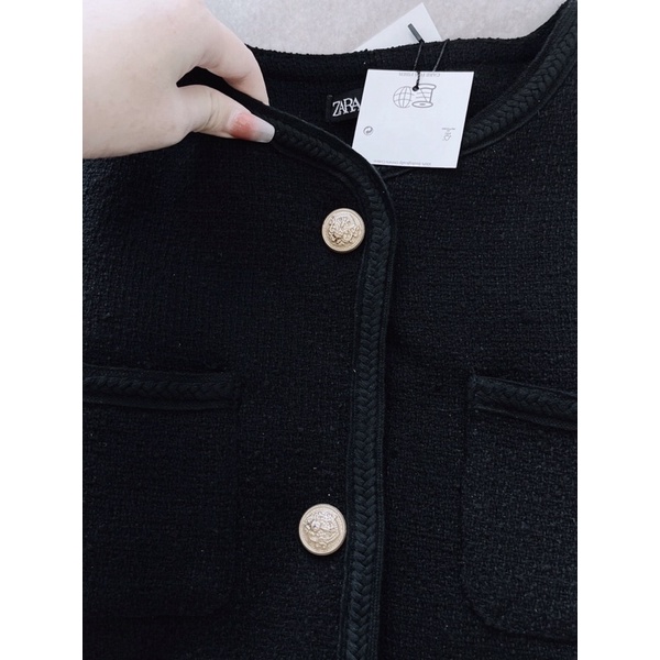 Áo khoác dạ tweed đen 2 lớp viền dây cúc đồng sang chảnh