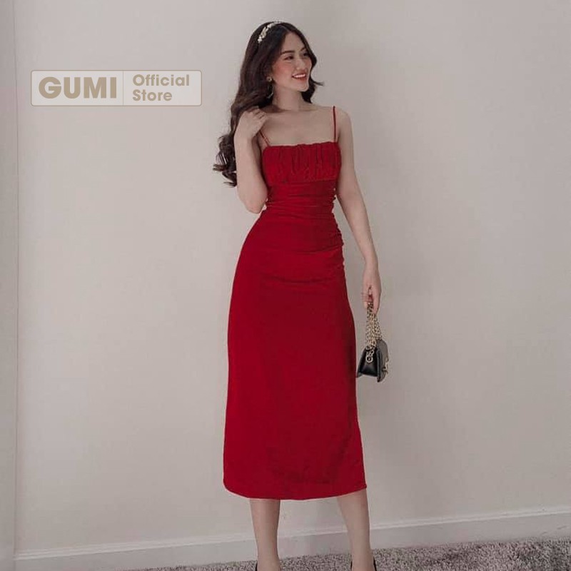 Váy dự tiệc 2 dây body dáng dài xẻ tà nhún ngực xếp ly - Đầm 2 dây body Gumi quyến rũ xinh đẹp GM2063 | BigBuy360 - bigbuy360.vn
