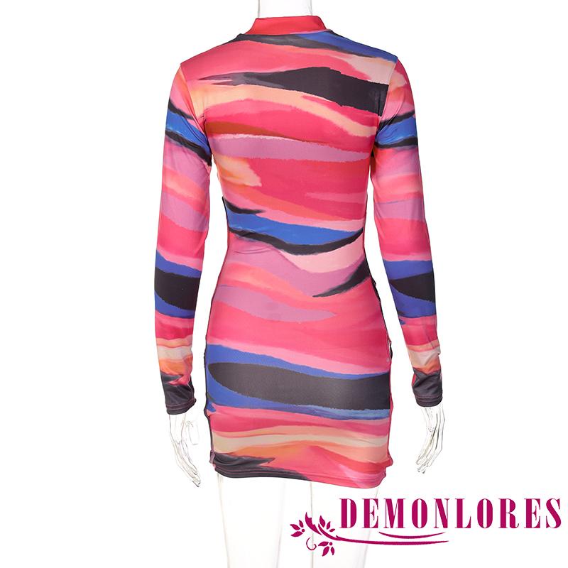 DEMQ-Women Bodycon Dress Long Sleeve High Neck Tie Dye Hollowed Club Party Mini Dress