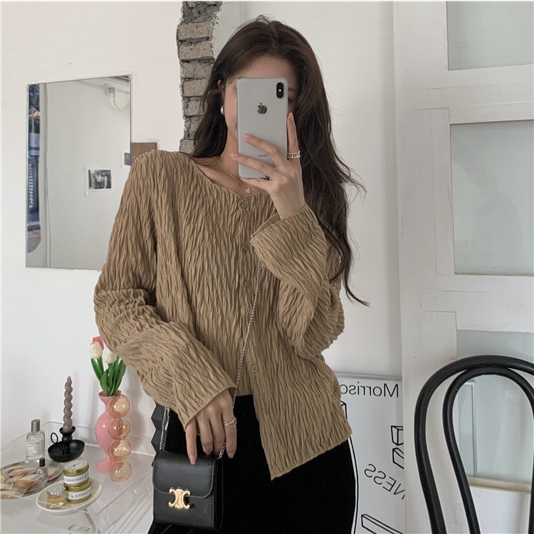 QADCOL Áo kiểu tay dài cổ tròn dáng rộng phong cách thời trang Hàn Quốc cho nữ