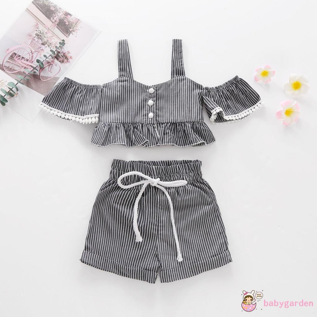 Set Đồ Mùa Hè 2 Món Gồm Áo Hai Dây Cài Khuy + Quần Ngắn Dây Rút In Họa Tiết Sọc Cho Bé Gái 1-5 Tuổi