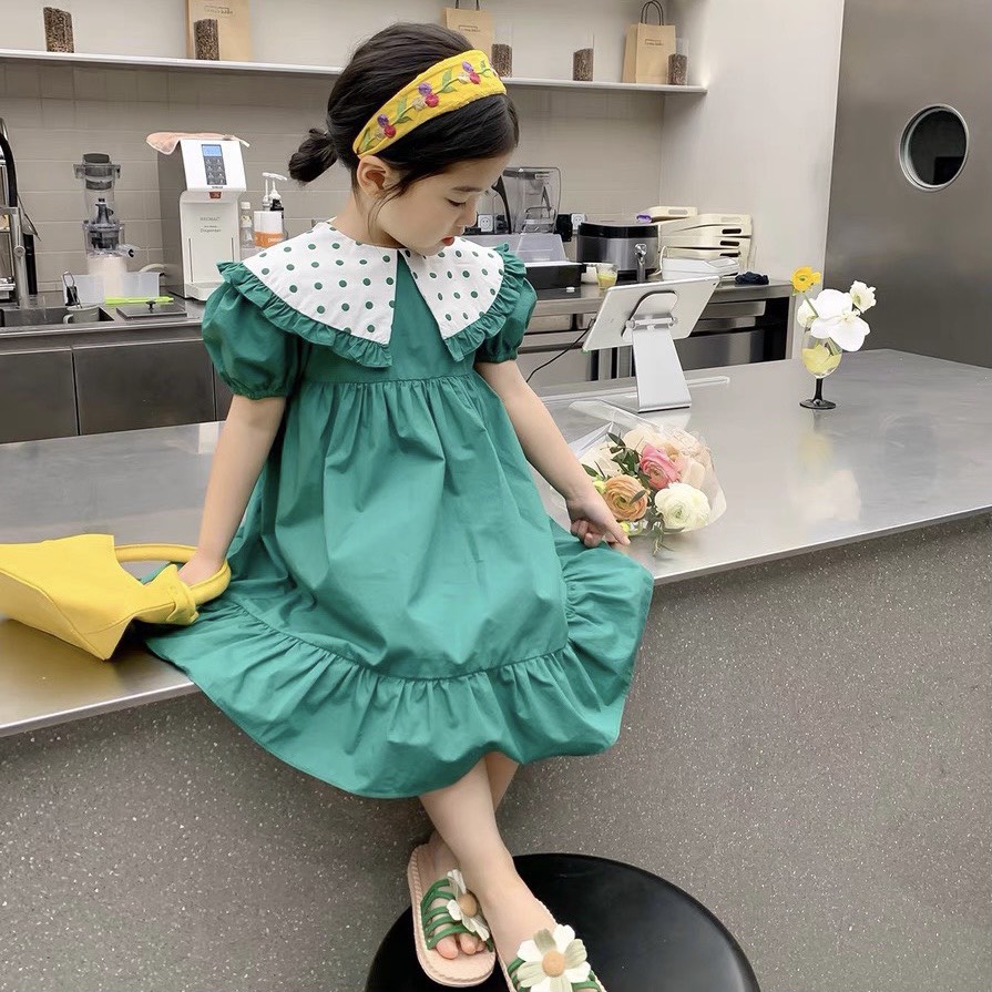 Váy Bé Gái-❤V0035❤Đầm cho bé chất liệu thô giấy lạnh cao cấp. váy công chúa màu xanh cổ chấm bi