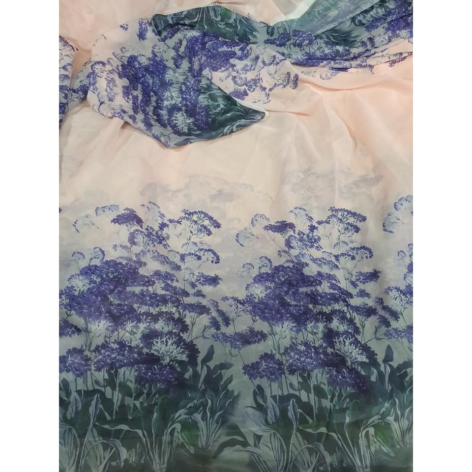 Vải voan tơ óng hoa chân 2 đầu biên tím lavender