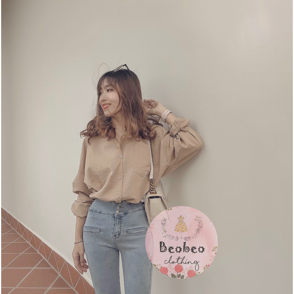 [Ảnh thật] Áo sơ mi oversize nude tay dài ulzzang