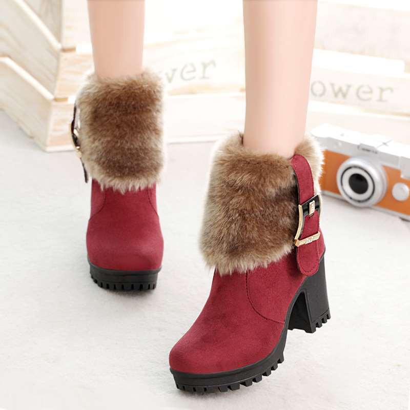 ﺴ✖2018 new autumn and winter women s short boots suede half high heel bucket shoes plus velvet frosted [posted on June 22]