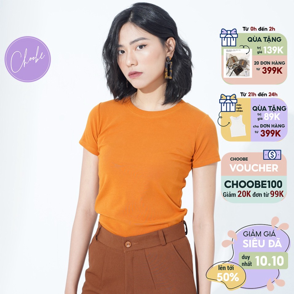 Áo phông nữ Choobe cộc tay ngắn dáng ôm body thun cotton trơn cổ tròn màu trắng đen xanh đỏ A03
