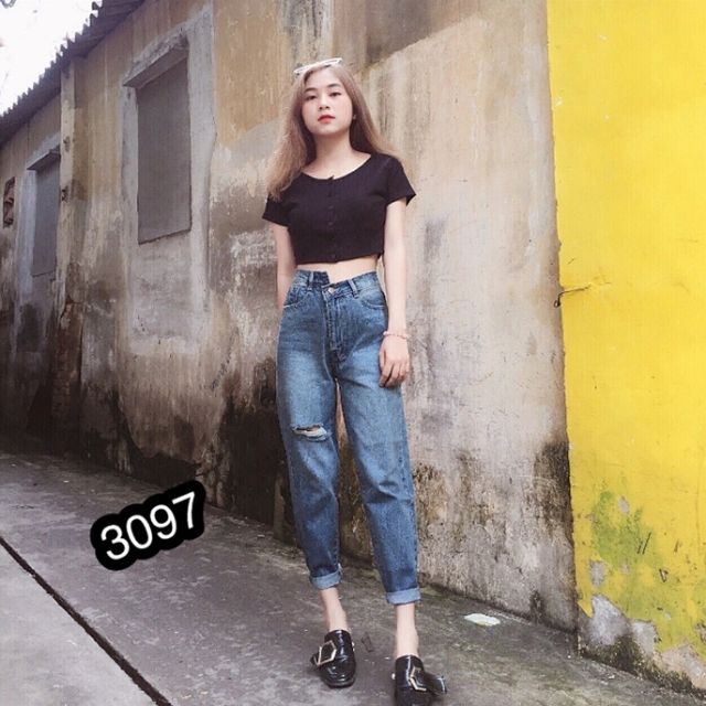 Quần baggy jeans nữ nút lệch thời trang phối rách
