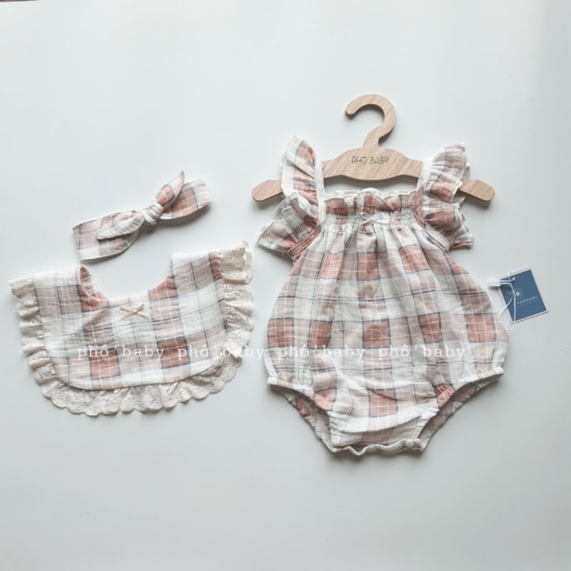 set body kẻ cánh tiên vảo muslin kẻ hồng tiểu thư cho bé