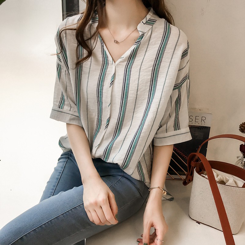 Áo kiểu RENJIANVSHENG tay ngắn cổ chữ V họa tiết kẻ sọc trẻ trung thời trang dành cho nữ