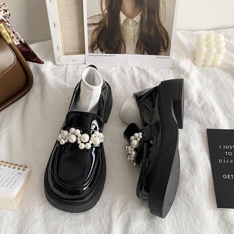 [ORDER 7-15ngày](Sẵn trắng 37,39 ĐEN BÓNG35,36 ĐEN LÌ39 ) Giày da lolita cao gót đế giày ĐÍNH NGỌC kiểu vintage Anh Quốc