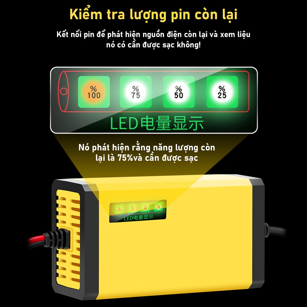 Bộ sạc bình ắc quy tự động ngắt sạc acquy xe máy, xe ô tô, có đèn led báo đầy