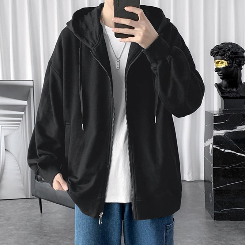 Áo Khoác Hoodie Tay Dài Dáng Rộng Màu Sắc Đơn Giản Phong Cách Harajuku Cho Nam Giới