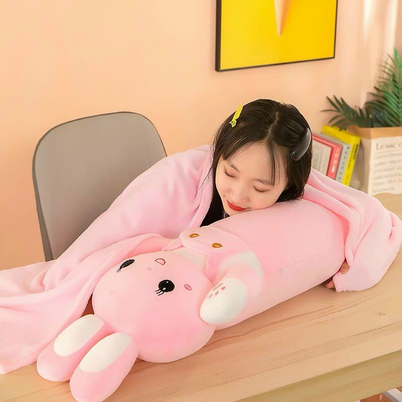 Bộ chăn gối văn phòng hình thỏ, gấu bông hình thở kèm chăn 2in1 70cm