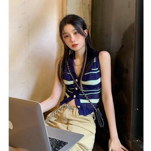 Áo khoác cardigan croptop XIAOZHAINV dệt kim sát nách họa tiết kẻ sọc trẻ trung thời trang dành cho nữ