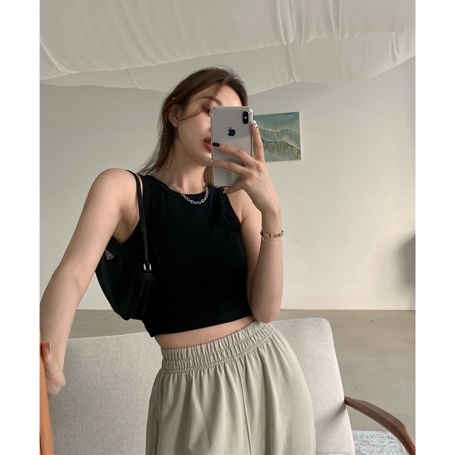 QKOOLE Áo croptop  dệt kim cổ tròn co giãn tốt phong cách Hàn Quốc thời trang