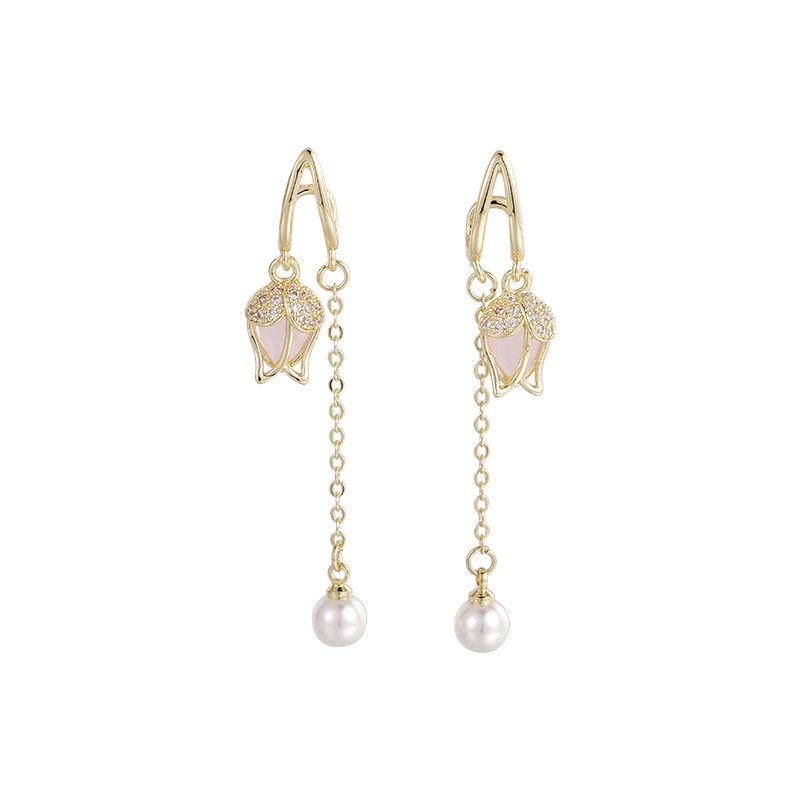 Khuyên Tai Tua Rua Dáng Dài Đính Hạt Ngọc Trai Hình Hoa Tulip Hồng Thiết Kế Nhỏ Phong Cách Hàn Quốc 2022