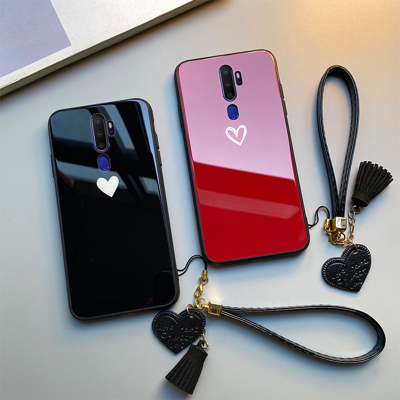 Bao da Ốp lưng OPPO F11 F7 F9 Pro F5 YOUTH F3 Plus Case 【one case one strap】Fashion Luxury Black Red love heart Hard Tempered glass soft silicone Cover Ốp lưng OPPO F11 Pro f5 F3 Lite Protection Phone Casing