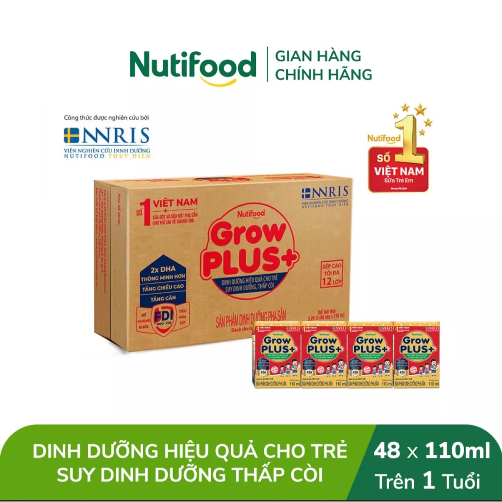 [HSD T2-2022] {Mẫu mới} Thùng 48 hộp SBPS NutiFood Grow Plus+ SDD (110ml) {Đỏ}