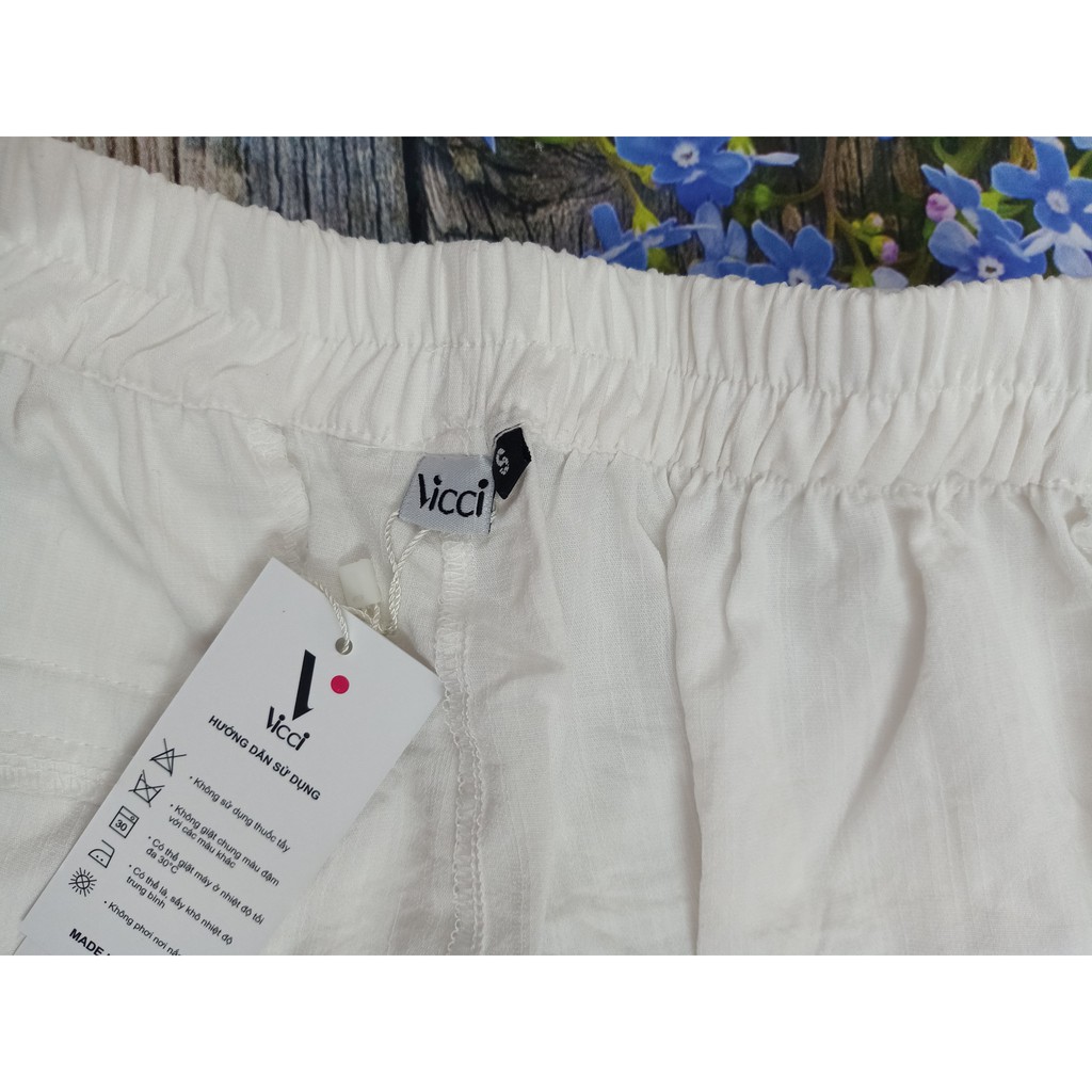 Quần baggy đũi xước Vicci cạp lưng thun, chất liệu mềm, nhẹ màu trắng