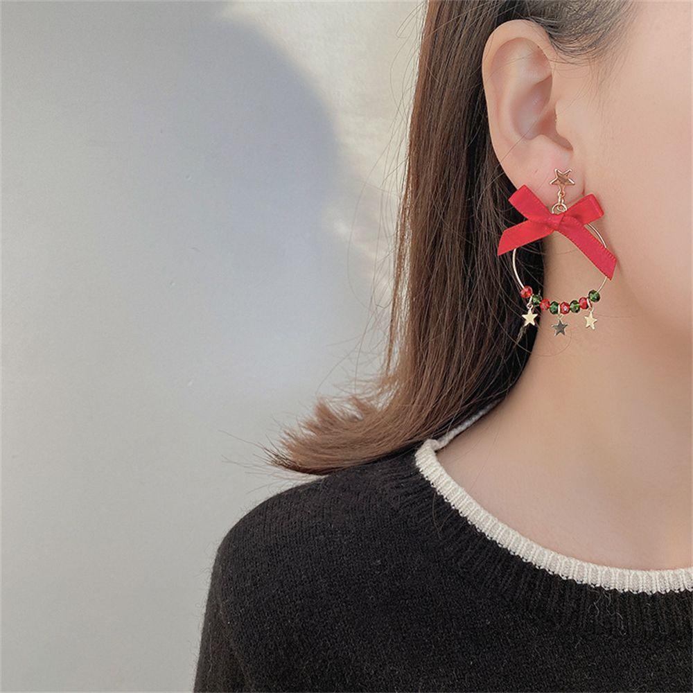 Bông Tai Dáng Dài Đính Nơ Phối Bóng Lông Thời Trang Giáng Sinh