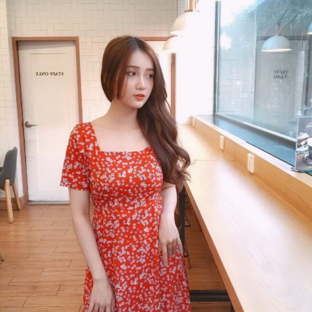 VÁY ĐẦM ĐỎ CỔ U HOA NHÍ