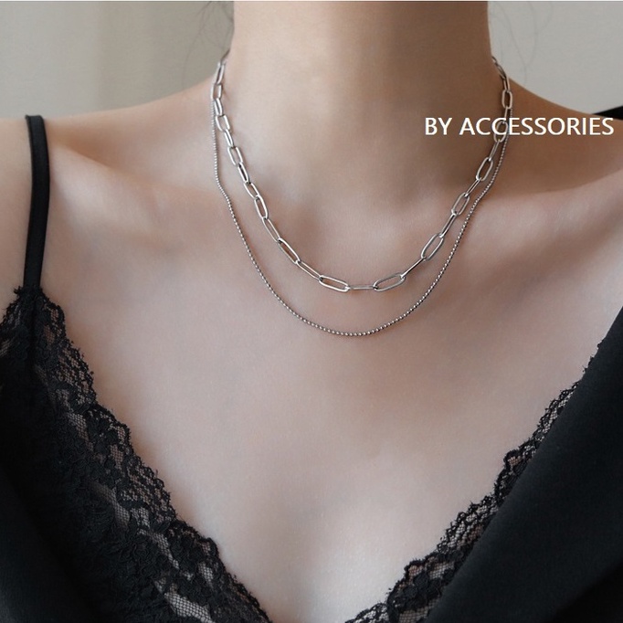 Dây chuyền titan 2 tầng xích trơn chữ nhật mảnh và bi tròn không gỉ LC01