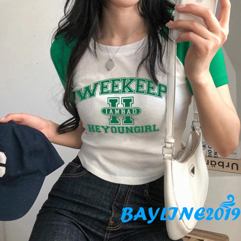 Áo Thun Tay Ngắn Cổ Tròn In Chữ Màu Sắc Tương Phản Thời Trang Mùa Hè Cho Nữ