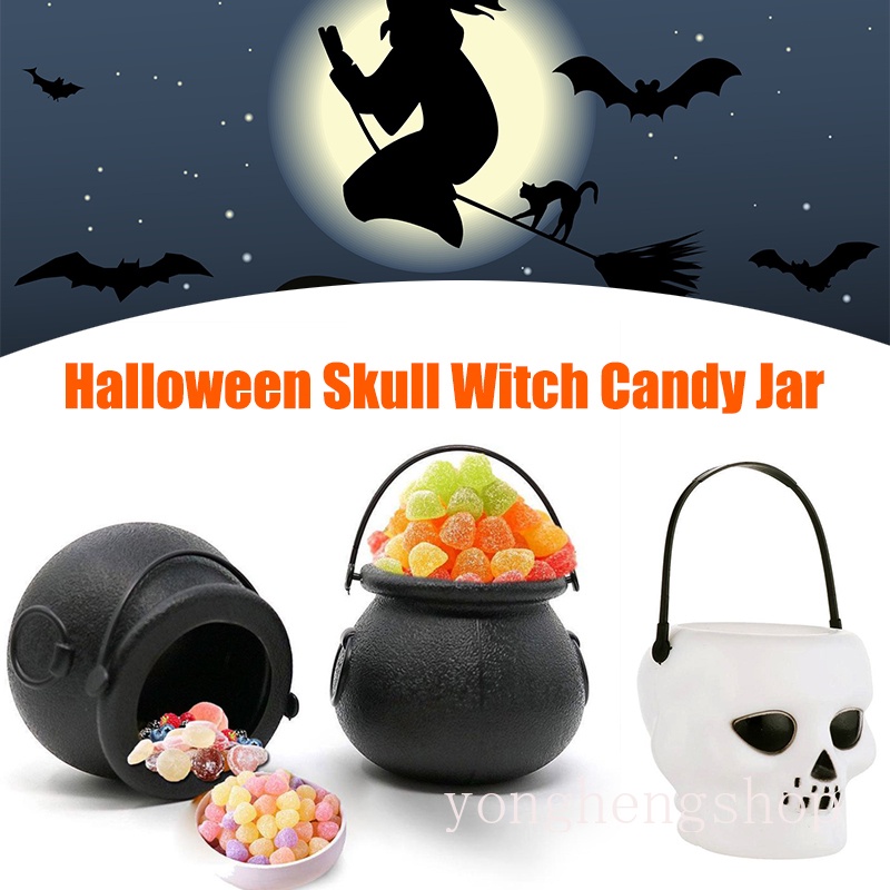 Set 2 Xô Đựng Kẹo Hình Bộ Xương Phù Thủy Có Giá Đỡ Treo Trang Trí Tiệc Halloween